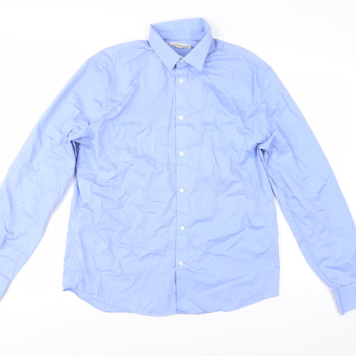 Marks and Spencer Men's Blue Cotton Long Sleeve Regular Fit Shirt M