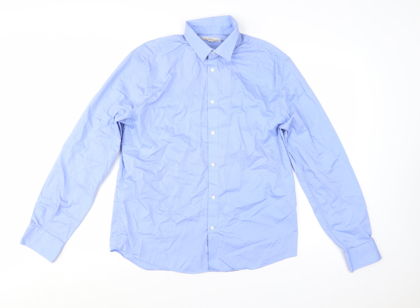 Marks and Spencer Men's Blue Cotton Long Sleeve Regular Fit Shirt M