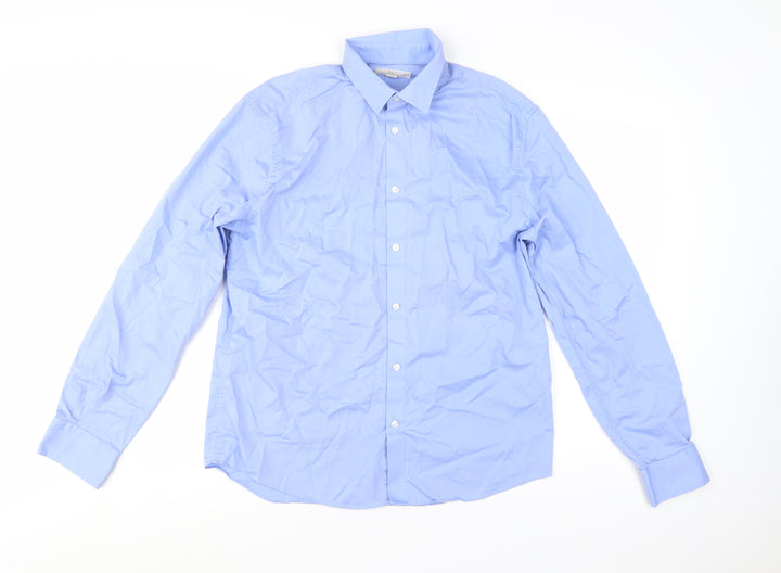 Marks and Spencer Men's Blue Cotton Long Sleeve Regular Fit Shirt M
