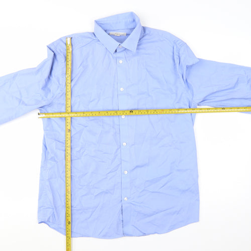 Marks and Spencer Men's Blue Cotton Long Sleeve Regular Fit Shirt M