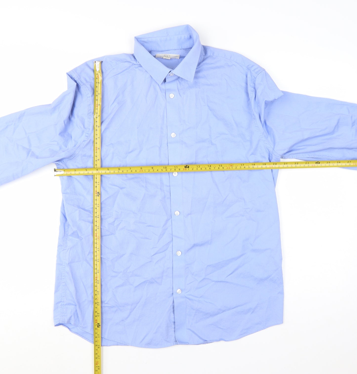 Marks and Spencer Men's Blue Cotton Long Sleeve Regular Fit Shirt M