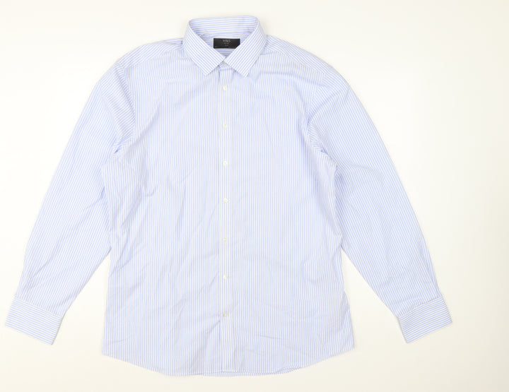 Marks and Spencer Men’s Blue Striped Slim Fit Long Sleeve Shirt Size 17