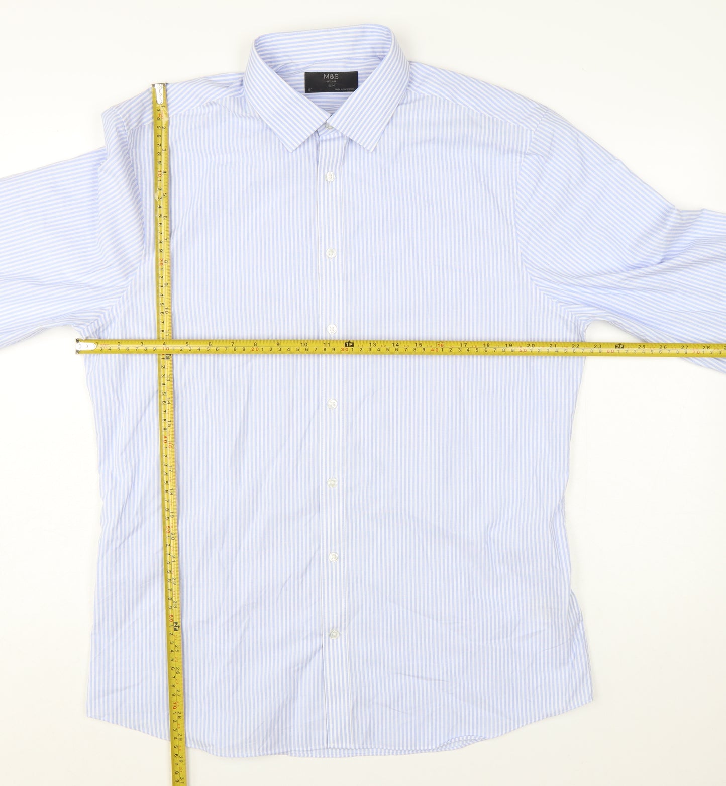 Marks and Spencer Men’s Blue Striped Slim Fit Long Sleeve Shirt Size 17