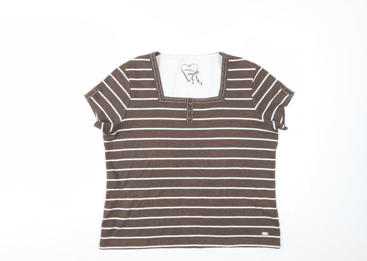 Dash Women's Brown Striped Square Neck T-Shirt Size 18