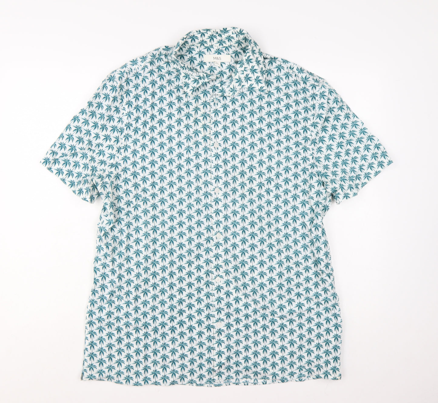 Marks and Spencer Men’s White Palm Print Short Sleeve Button-Up Shirt L