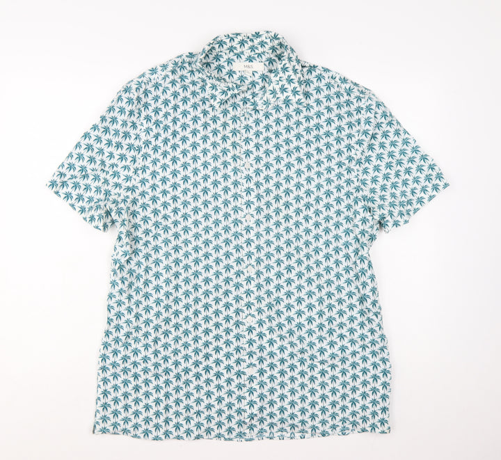 Marks and Spencer Men’s White Palm Print Short Sleeve Button-Up Shirt L