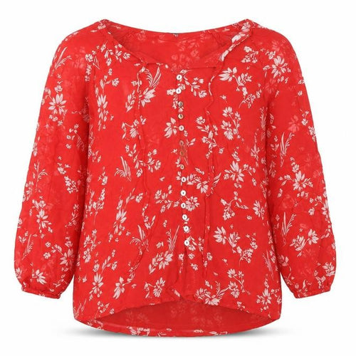 Sosandar Women's Red Floral 3/4 Sleeve Tunic Blouse Size 12