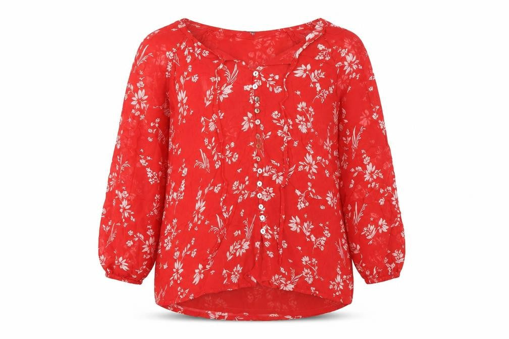Sosandar Women's Red Floral 3/4 Sleeve Tunic Blouse Size 12