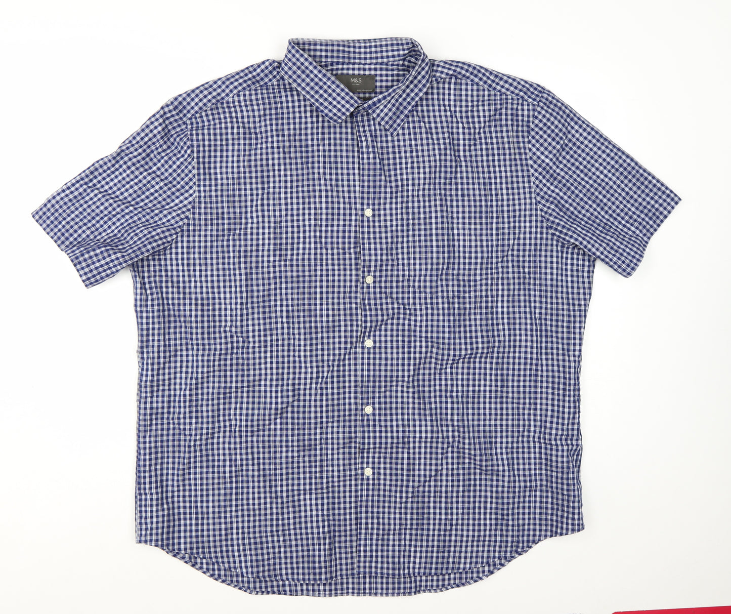 Marks and Spencer Men's Blue Check Short Sleeve Button-Up Shirt 3XL