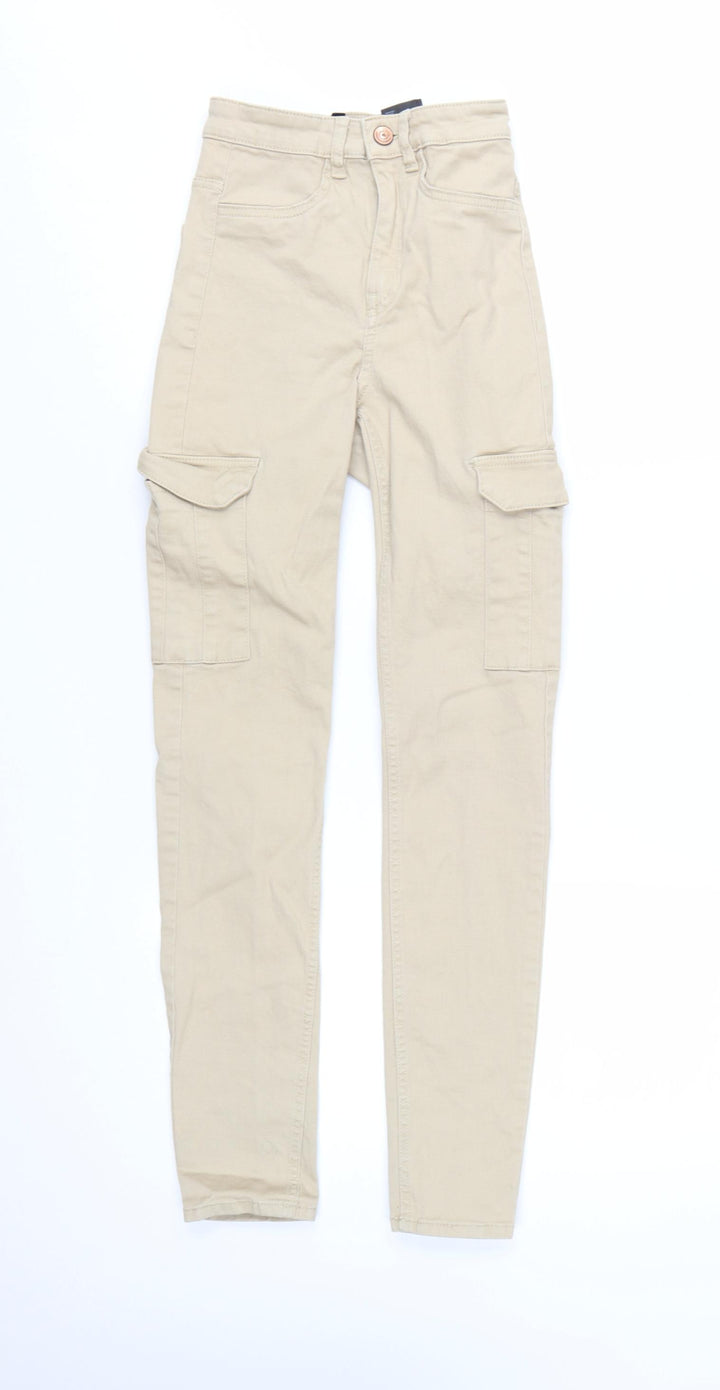 H&M Divided Women's Beige Cargo Trousers Size 4 Stretch Cotton High Waist