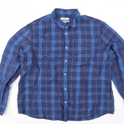 Marks and Spencer Men’s Blue Check Linen Blend Button-Up Shirt 2XL