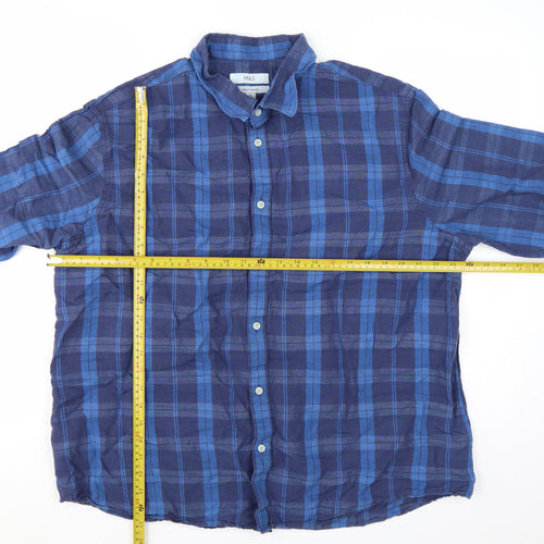 Marks and Spencer Men’s Blue Check Linen Blend Button-Up Shirt 2XL