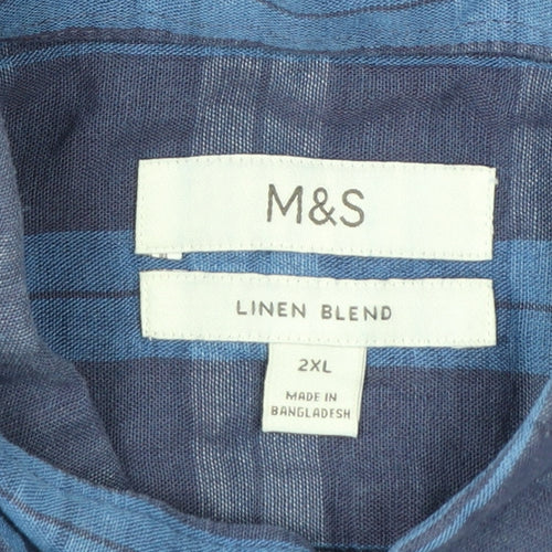 Marks and Spencer Men’s Blue Check Linen Blend Button-Up Shirt 2XL