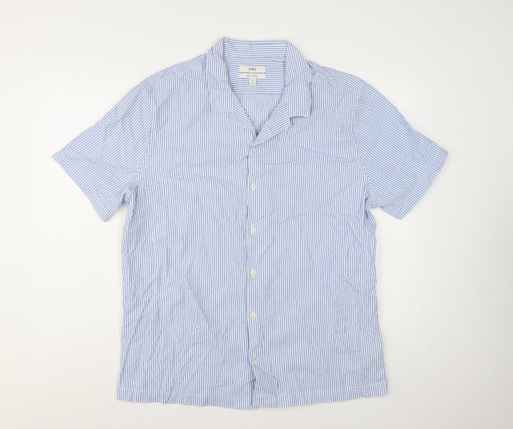 Marks and Spencer Men's Blue Striped Short Sleeve Cotton Button-Up Shirt XL