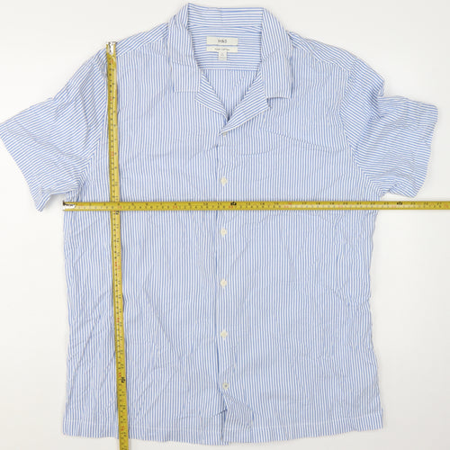 Marks and Spencer Men's Blue Striped Short Sleeve Cotton Button-Up Shirt XL