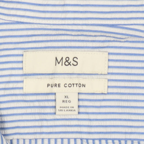 Marks and Spencer Men's Blue Striped Short Sleeve Cotton Button-Up Shirt XL