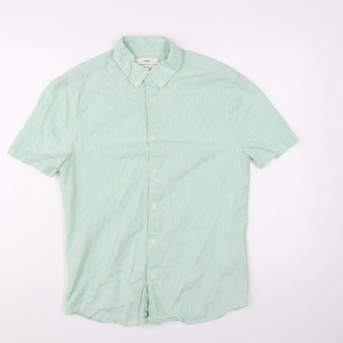 Marks and Spencer Men's Mint Green Linen Blend Short Sleeve Button-Up Shirt Size S