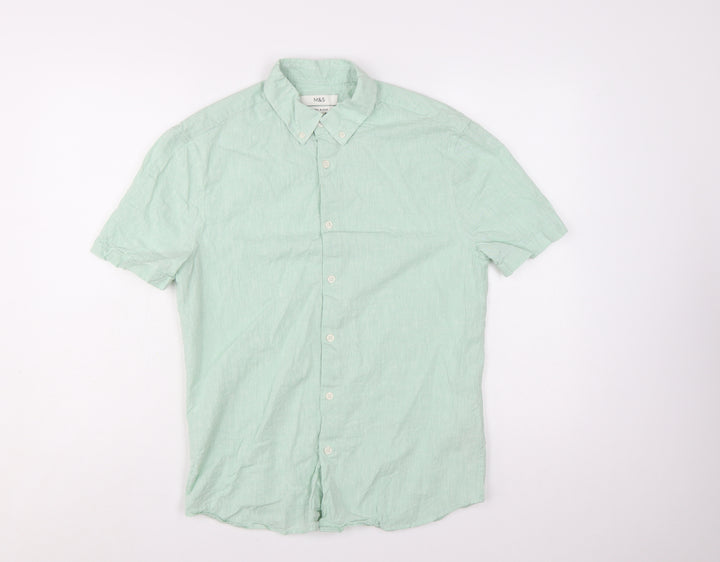 Marks and Spencer Men's Mint Green Linen Blend Short Sleeve Button-Up Shirt Size S