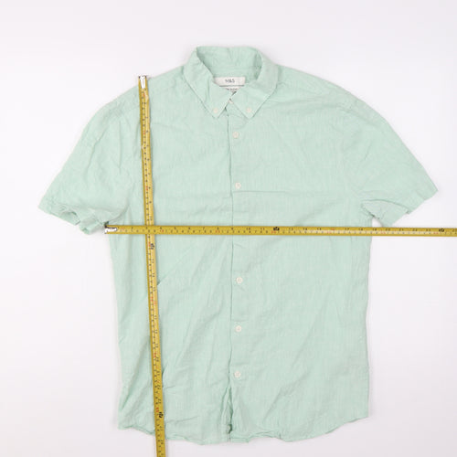 Marks and Spencer Men's Mint Green Linen Blend Short Sleeve Button-Up Shirt Size S