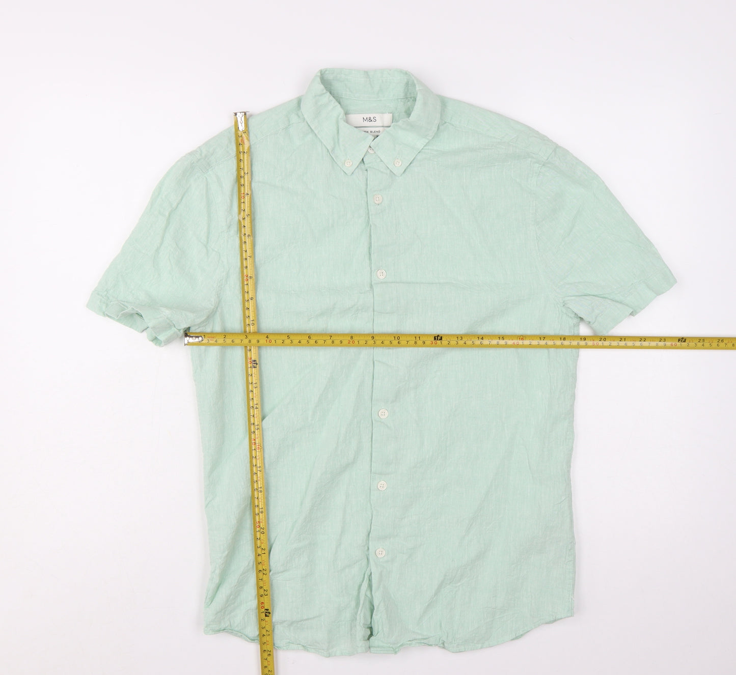 Marks and Spencer Men's Mint Green Linen Blend Short Sleeve Button-Up Shirt Size S