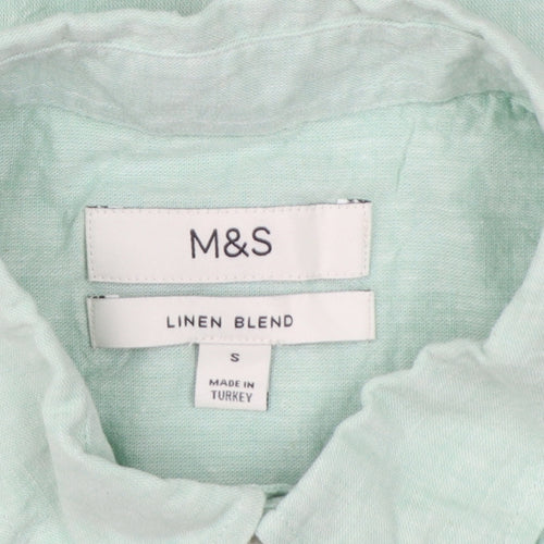 Marks and Spencer Men's Mint Green Linen Blend Short Sleeve Button-Up Shirt Size S