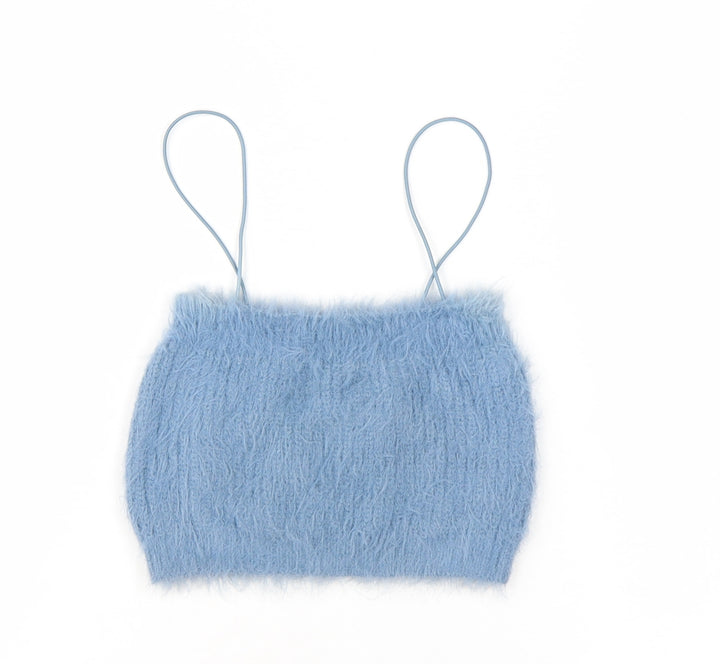 Zara Women Blue Fuzzy Camisole Tank Top Size S Knit Spaghetti Strap