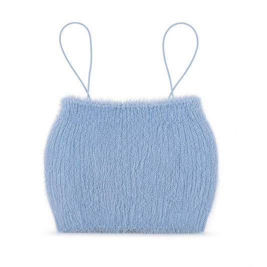 Front view of Zara Women Blue Fuzzy Camisole Tank Top, size S, Knit Spaghetti Strap