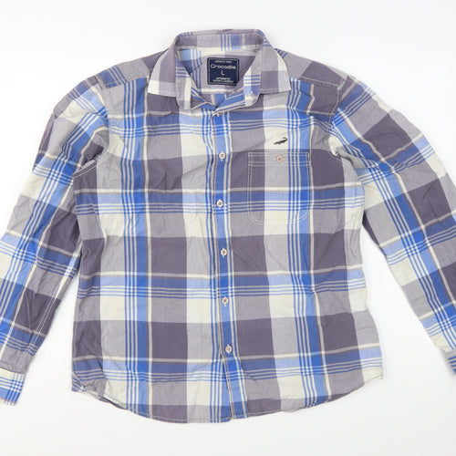 Crocodile Men's Blue Check Cotton Long Sleeve Button-Up Shirt L