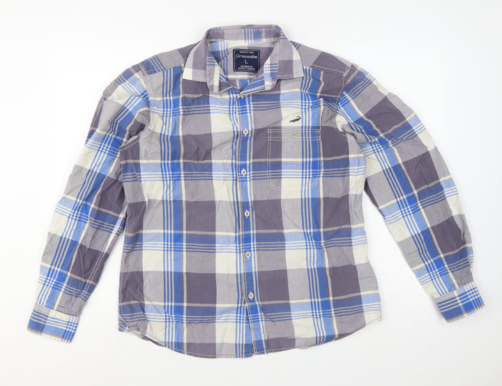 Crocodile Men's Blue Check Cotton Long Sleeve Button-Up Shirt L