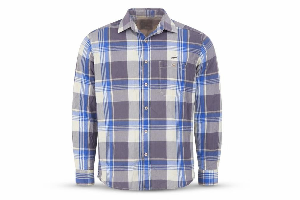 Front view of Crocodile Men's Blue Check Cotton Long Sleeve Button-Up Shirt L