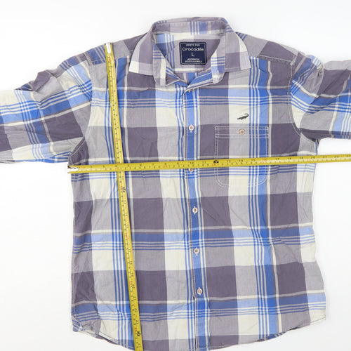 Crocodile Men's Blue Check Cotton Long Sleeve Button-Up Shirt L