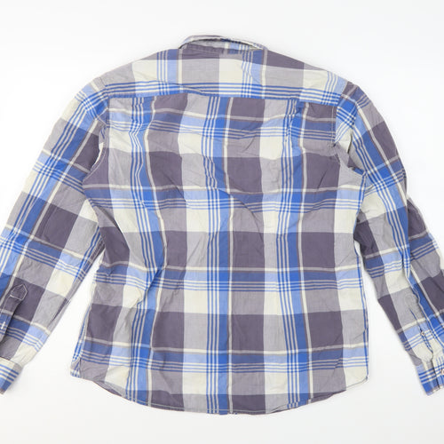 Crocodile Men's Blue Check Cotton Long Sleeve Button-Up Shirt L