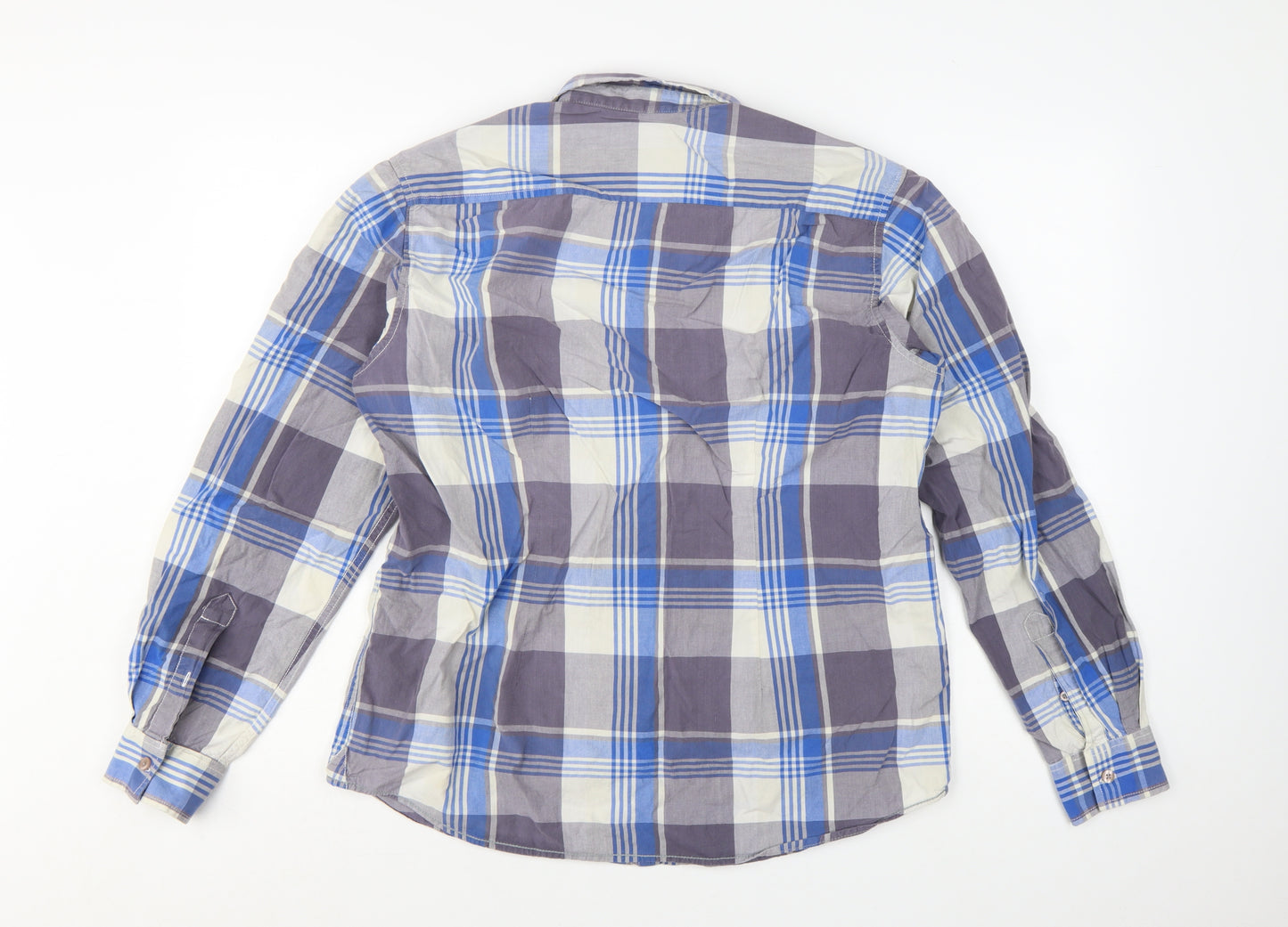 Crocodile Men's Blue Check Cotton Long Sleeve Button-Up Shirt L