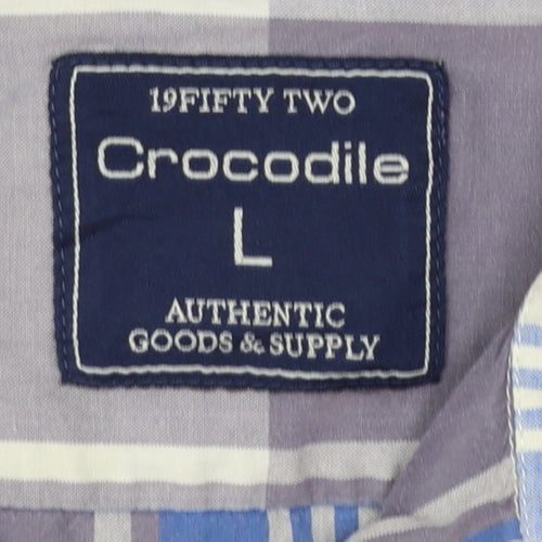 Crocodile Men's Blue Check Cotton Long Sleeve Button-Up Shirt L