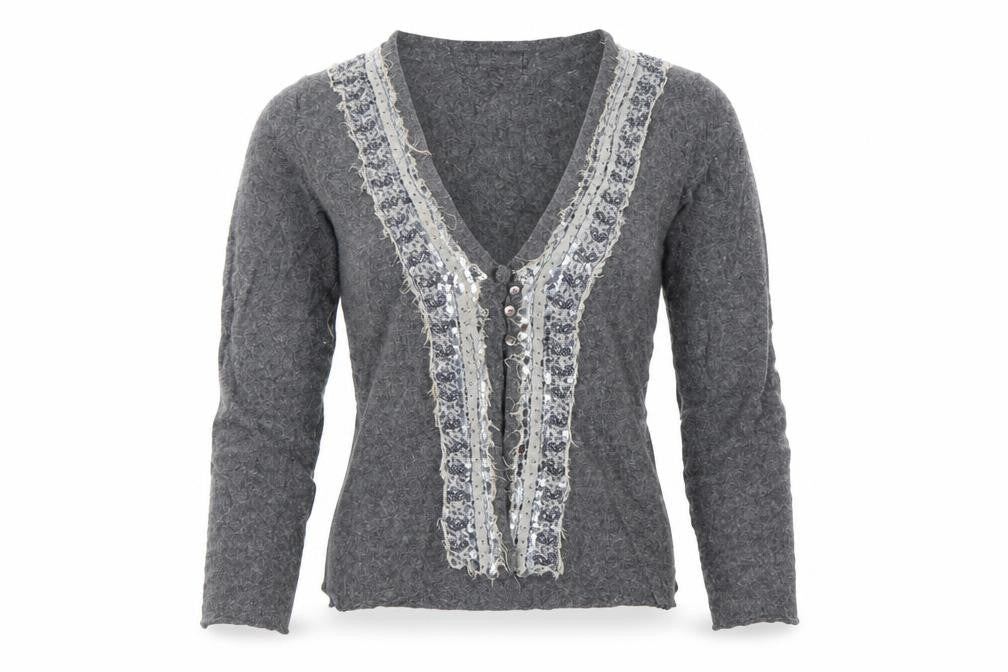 Front view of Day Birger et Mikkelsen Women's Grey Sequin V-Neck Cardigan S