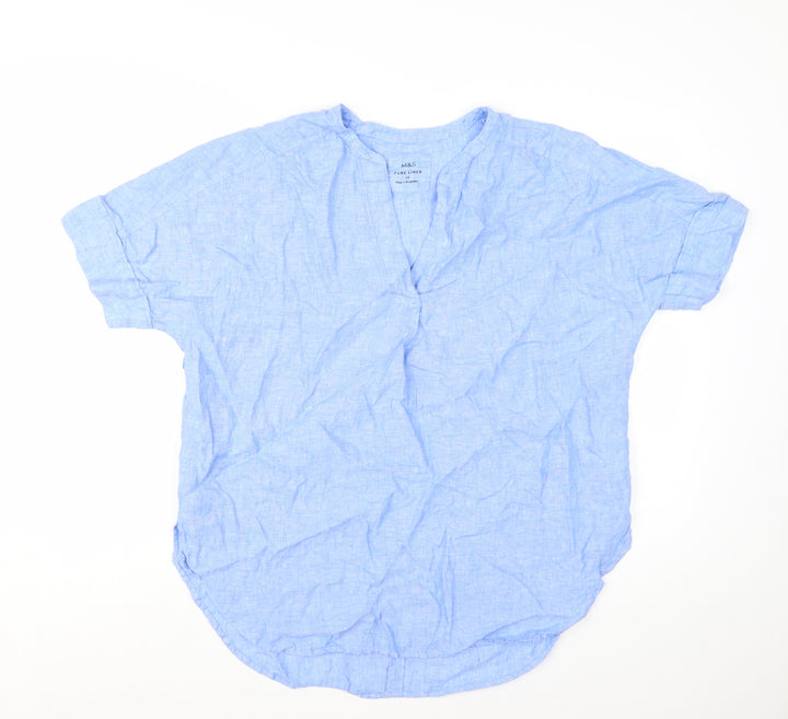 Marks and Spencer Women's Blue Linen Chambray V-Neck Blouse Size 16