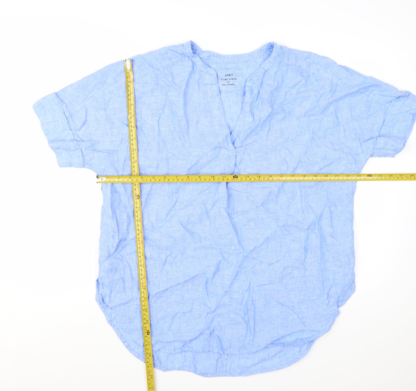Marks and Spencer Women's Blue Linen Chambray V-Neck Blouse Size 16
