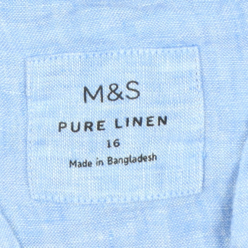 Marks and Spencer Women's Blue Linen Chambray V-Neck Blouse Size 16