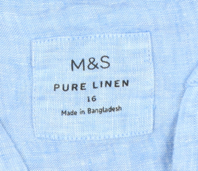 Marks and Spencer Women's Blue Linen Chambray V-Neck Blouse Size 16
