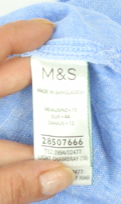 Marks and Spencer Women's Blue Linen Chambray V-Neck Blouse Size 16