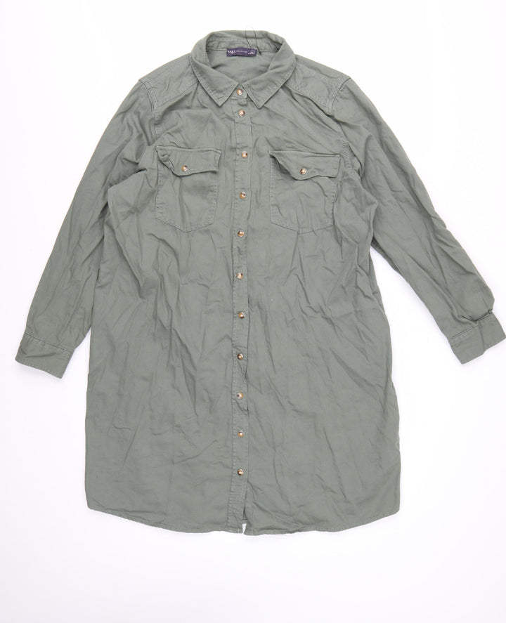 Marks and Spencer Women’s Green Size 18 Cotton Long Sleeve Shirt Dress