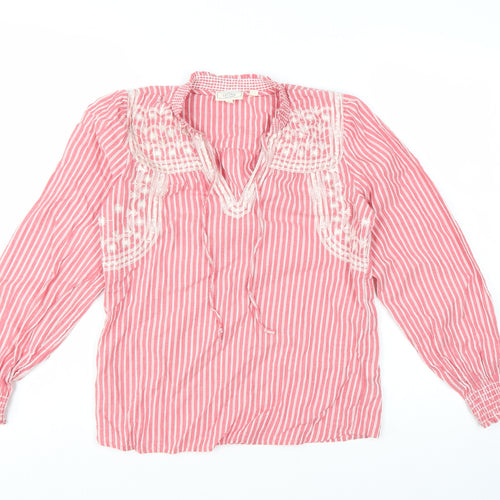 Fat Face Women’s Pink Striped Embroidered Cotton V-Neck Boho Blouse UK 6