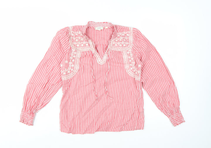 Fat Face Women’s Pink Striped Embroidered Cotton V-Neck Boho Blouse UK 6