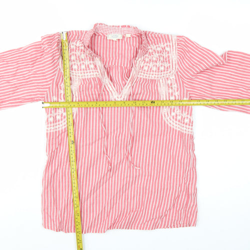 Fat Face Women’s Pink Striped Embroidered Cotton V-Neck Boho Blouse UK 6