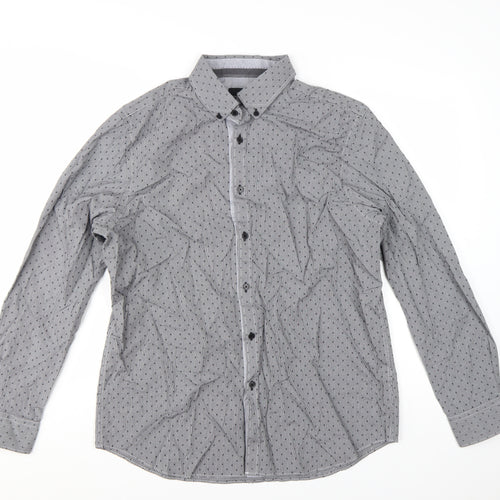 Jeff Banks Men’s Grey Geometric Long Sleeve Cotton Button-Up Shirt L