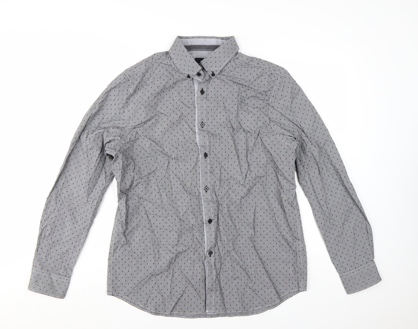 Jeff Banks Men’s Grey Geometric Long Sleeve Cotton Button-Up Shirt L