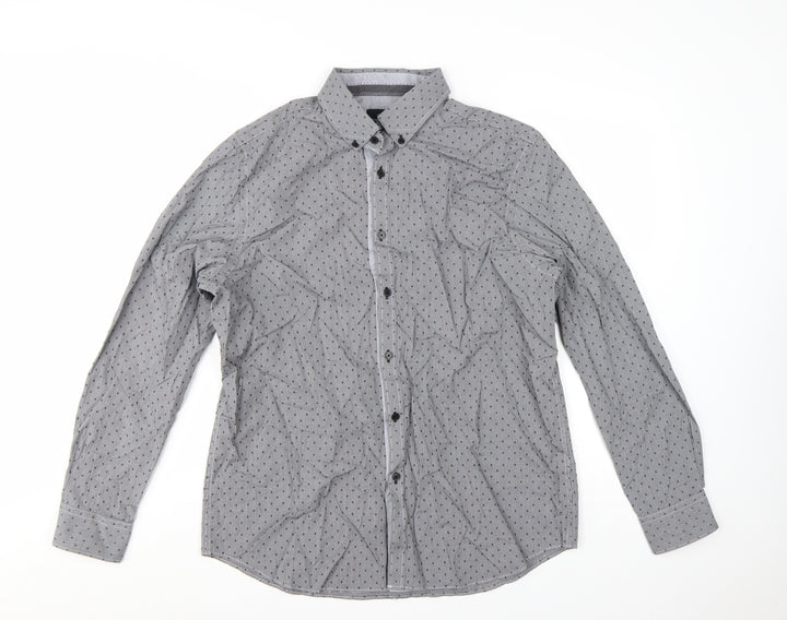 Jeff Banks Men’s Grey Geometric Long Sleeve Cotton Button-Up Shirt L