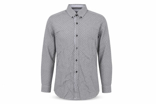Front view of Jeff Banks Men’s Grey Geometric Long Sleeve Cotton Button-Up Shirt L