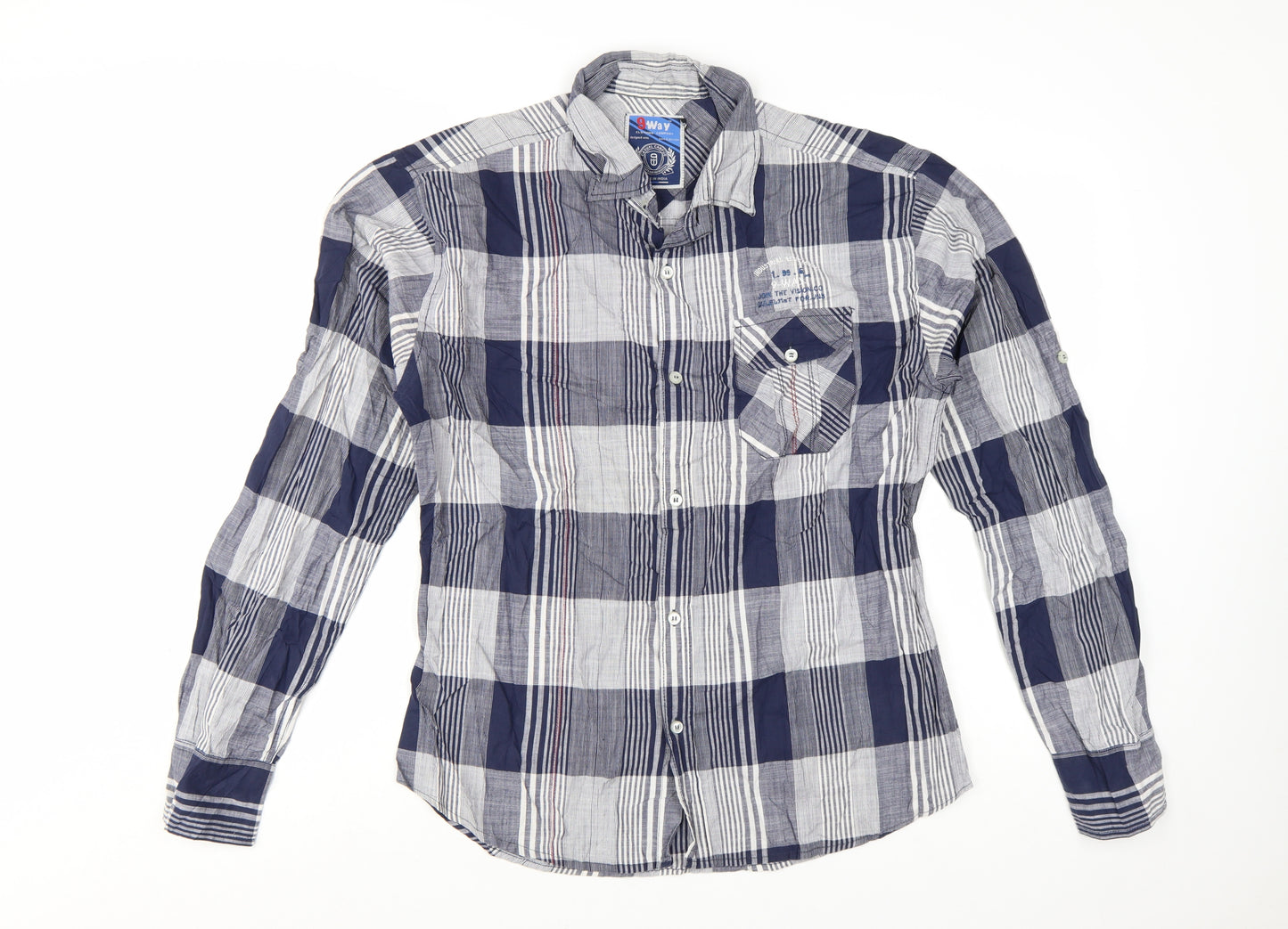 9 Way Men's Blue Check Button-Up Long Sleeve Cotton Shirt 2XL
