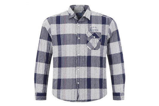Front view of 9 Way Men's Blue Check Button-Up Long Sleeve Cotton Shirt 2XL